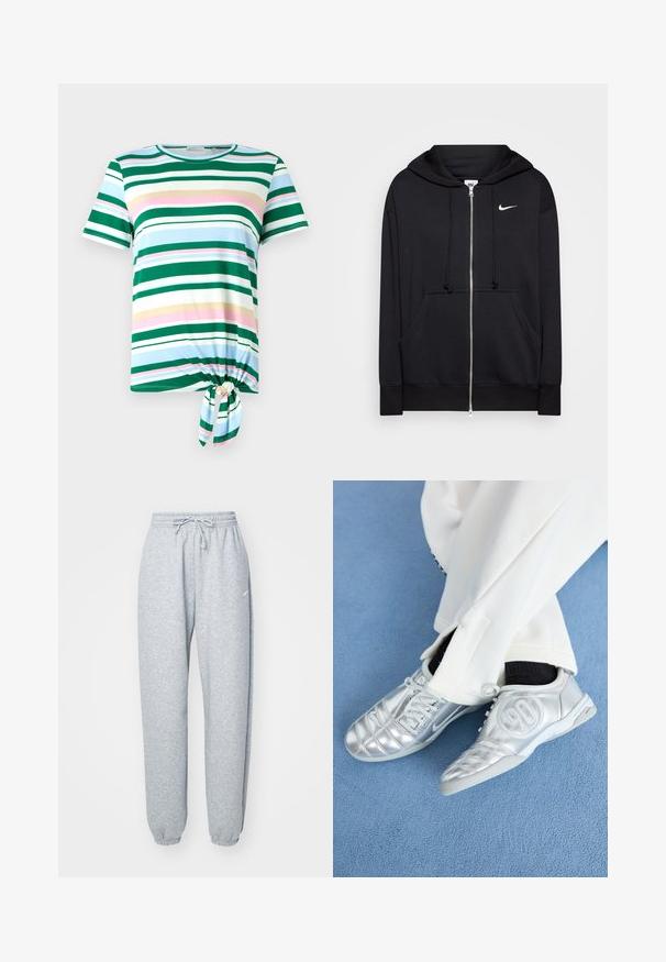 Svart hettejakke med glidelås laget av mykt stoff, med hette, frontlommer, ribbestrikkede mansjetter og en liten hvit Nike-logo på brystet.; Grønn og blåstripete t-skjorte med korte ermer, rund halslinning og knyting detaljer i kanten. Laget av mykt stoff.; Lys grå joggebukser laget av myk bomullsblanding, med elastisk liv med snor, avsmalnende ben og ribbede mansjetter. Minimal merkevaredetalj.; Sølv atletikksko med en glatt, skinnende overflate, med et sydd design og tallet 90 på siden, kombinert med hvite bukser.