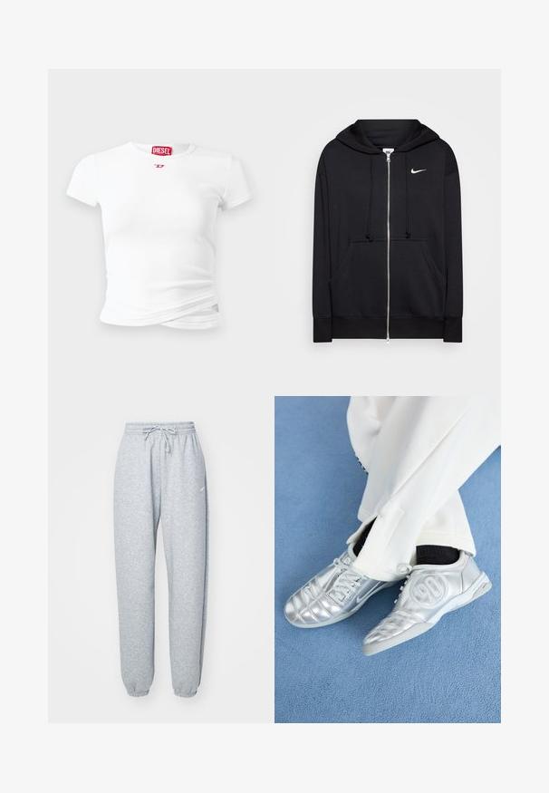 Musta vetoketjullinen huppari, joka on valmistettu pehmeästä kankaasta. Siinä on huppu, etutaskut, ribattuja hihansuita sekä pieni valkoinen Nike-logo rinnassa.; Valkoinen lyhythihainen T-paita, joka on valmistettu ribbineuloksesta. Paidassa on pieni punainen Diesel-logo rinnassa ja kiertävä yksityiskohta helmassa.; Valkoiset harmaat collegehousut, jotka on valmistettu pehmeästä puuvillasekoitteesta. Niissä on joustava vyötärö narutakilla, kapenevat lahkeet ja ribbireunat. Vähäistä brändäystä.; Hopeiset urheilukengät sileällä, kiiltävällä pinnalla, joissa on ommeltu kuvio ja numero 90 sivussa, yhdistettynä valkoisiin housuihin.