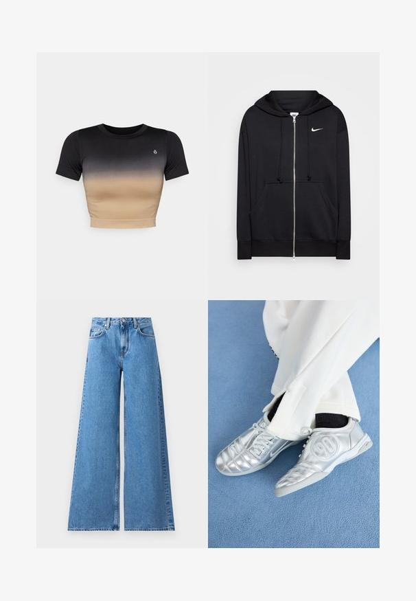 Hoodie zippé noir en tissu doux, doté d'une capuche, de poches frontales, de poignets côtelés et d'un petit logo Nike blanc sur la poitrine.; Top court à manches courtes avec un dégradé du noir au beige. Texture lisse, encolure ronde et un logo subtil sur la poitrine.; Jean en denim bleu à jambes larges avec taille haute, présentant un design classique à cinq poches et des coutures sur les côtés pour un détail supplémentaire.; Des chaussures de sport argentées avec une finition lisse et brillante, présentant un design cousu et le numéro 90 sur le côté, assorties à un pantalon blanc.