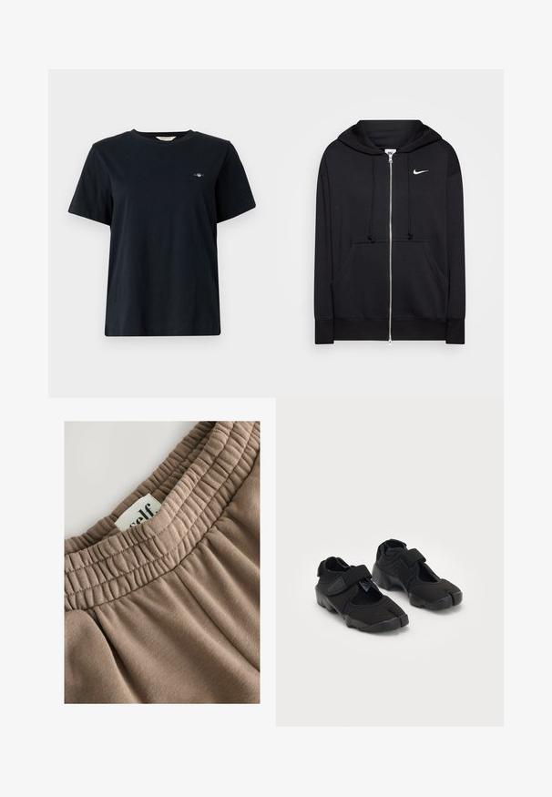 Schwarze Zip-Hoodie aus weichem Stoff, mit Kapuze, Fronttaschen, gerippten Bündchen und einem kleinen weißen Nike-Logo auf der Brust.; Schwarzes Baumwoll-T-Shirt mit kurzen Ärmeln, Rundhals-Ausschnitt und kleinem, auf der linken Brust gesticktem Logo. Klassischer, lässiger Schnitt.; Brauner elastischer Bund mit gerafftem Textur, angenähter Aufkleber mit der Aufschrift "self" und weichem Stoff, der eine glatte Oberfläche und einen neutralen Farbton aufweist.; Schwarze Wasserschuhe aus flexiblem Stoff mit einem Klettverschluss, ausgestattet mit einem einzigartigen Zehentrenndesign und einer strukturierten Gummisohle für besseren Halt.
