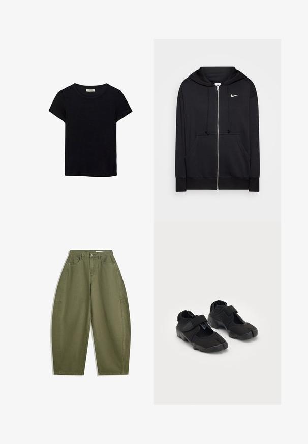 Felpa nera con zip realizzata in tessuto morbido, dotata di cappuccio, tasche frontali, polsini a costine e un piccolo logo Nike bianco sul petto.; T-shirt nero a maniche corte realizzato in tessuto morbido. Presenta un classico collo rotondo e una vestibilità rilassata. Nessun motivo o accento visibile.; Pantaloni a gamba larga verde oliva in cotone, con vita alta, tasche frontali e una superficie liscia. Senza decorazioni né motivi.; Scarpe d'acqua nere realizzate in tessuto flessibile con una fascia in Velcro, dotate di un design unico a punta divisa e suola in gomma texturizzata per una buona aderenza.