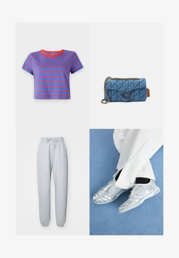 Mustikas värvi tõmblukuga kapuutsiga sviiter, millel on pehme kangas, ees taskud, ribatega mansetid ja rindkeres väike valge Nike logo.; Lühikeste varrukatega lühikese lõikega T-särk, millel on sinised ja punased horisontaalsed triibud. Omab ümmargust punast kaelust ja on valmistatud pehmest puuvillast materjalist.; Heledad hallhalli pehmete puuvillasegistusega, millel on elastne vöökoht ja nöör, kitsenevad sääred ja ribakudumisega mansetid. Minim blown kaubamärgi detail.; Hõbedased spordijalatsid, millel on sile ja läikiv pind, eristuvad õmmeldud mustriga ning külje peal on number 90, millele on lisatud valged püksid.; Sinine pehmendatud teksakott õlgadel, millel on kuldne kett ja silmapaistev kuldne logo aktsent ees. Kompaktne ristkülikuline kuju.