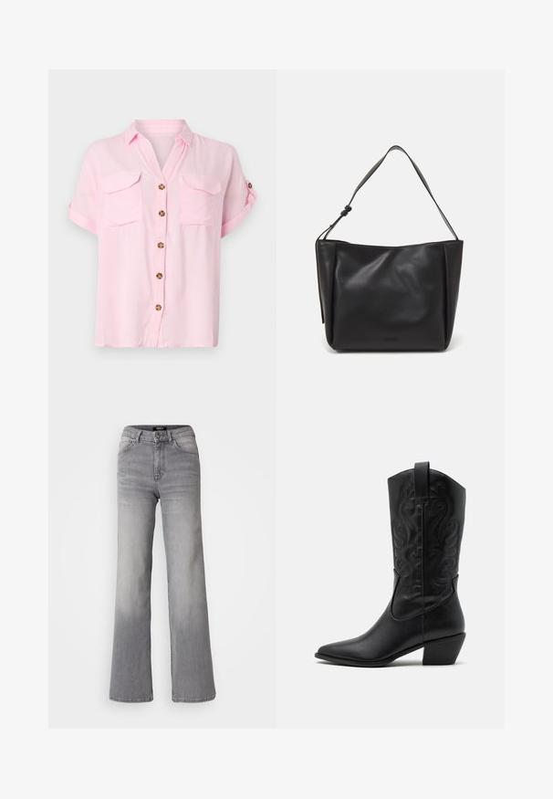 Vero Moda VMPHILLIS LONG OPEN - Cardigan - black; Maglietta rosa chiaro a maniche corte con chiusura a bottoni, due tasche sul petto e maniche arrotolate. Realizzata in tessuto morbido e leggero.; Jeans in denim grigiop con vita alta e gamba dritta, con bottone e cerniera frontali, tasche anteriori e posteriori, e sfumature sbiadite su cosce e polpacci.; Stivale da cowboy in pelle nera con punta affusolata, motivi ondulati in rilievo e tacco di altezza media. Dotato di un pratico passante per indossarlo facilmente.; Calvin Klein GRACIE MEDIUM - Borsa a mano - black