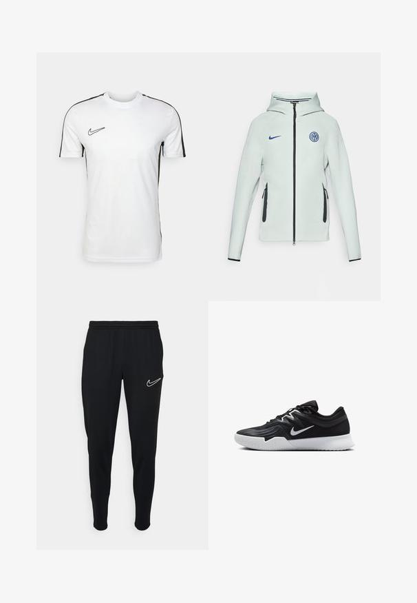 Chaqueta Nike verde claro con cierre de cremallera, capucha y detalles en negro. Presenta bolsillos laterales con cremallera y un logo bordado en el pecho.; Nike Performance TOP - Camiseta deportiva - white/black; Joggers deportivos negros con cinturilla elástica, corte ajustado y logo de Nike en blanco en el lado izquierdo. Tejido suave con una textura lisa.; Zapatilla deportiva negra con parte superior texturizada, logo de Nike en blanco y suela de goma blanca. Tiene un diseño con cordones y una forma dinámica.