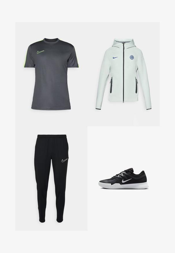 Chaqueta Nike verde claro con cierre de cremallera, capucha y detalles en negro. Presenta bolsillos laterales con cremallera y un logo bordado en el pecho.; Nike Performance TOP - Camiseta deportiva - anthracite/volt; Joggers deportivos negros con cinturilla elástica, corte ajustado y logo de Nike en blanco en el lado izquierdo. Tejido suave con una textura lisa.; Zapatilla deportiva negra con parte superior texturizada, logo de Nike en blanco y suela de goma blanca. Tiene un diseño con cordones y una forma dinámica.