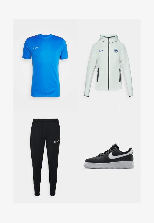 Chaqueta Nike verde claro con cierre de cremallera, capucha y detalles en negro. Presenta bolsillos laterales con cremallera y un logo bordado en el pecho.; Nike Performance TOP - Camiseta deportiva - royal blue/obsidian/white; Joggers deportivos negros con cinturilla elástica, corte ajustado y logo de Nike en blanco en el lado izquierdo. Tejido suave con una textura lisa.; Zapatilla negra de cuero con superficie texturizada, logo de Nike en blanco, suela gris, puntera redonda y diseño de encaje. Presenta perforaciones en la puntera.