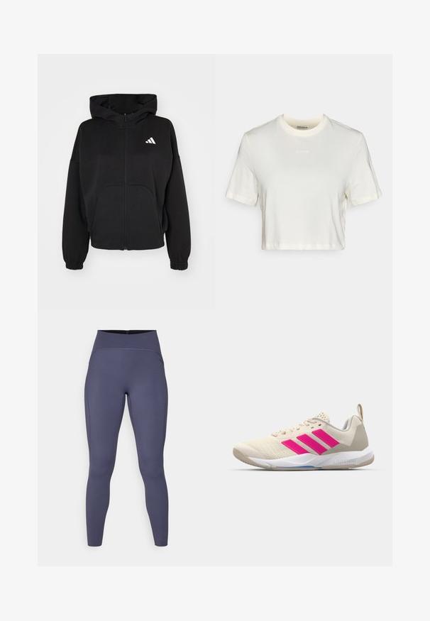 Čierna mikina na zips vyrobená z mäkkej tkaniny, s veľkou prednou kapsou, elastickými manžetami a bielym logom na ľavej strane hrude.; Zkrátené biele tričko vyrobené z bavlny s hladkou textúrou, s okrúhlym výstrihom a krátkymi rukávmi. Logo "BORG" v jemnej výšivke.; Legíny s vysokým pásom v jednotnej tmavošedej farbe. Vyrobené z elastického materiálu s plochými švami a priliehavým, zužujúcim sa strihom nohavic.; Béžová atletická obuv s ružovým logom trojpruhov, textúrovaný sieťový zvršok, polstrovaný golier a biela gumová podrážka s označením "LIGHTSTRIKE".