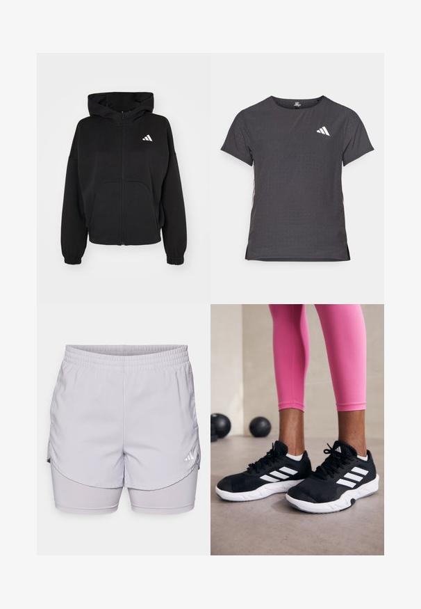 Black zip-up hoodie made of soft fabric, featuring a large front pocket, elasticated cuffs, and a white logo on the left chest.; Short-sleeve athletic t-shirt, dark gray with perforated texture. Features a white logo and contrasting side stripes. Rounded neckline.; adidas Performance W MIN 2IN1 SHO - Sports shorts - glory grey; Black athletic shoes with white stripes, textured mesh upper, and a white sole. Worn with pink leggings, showcasing training apparel.