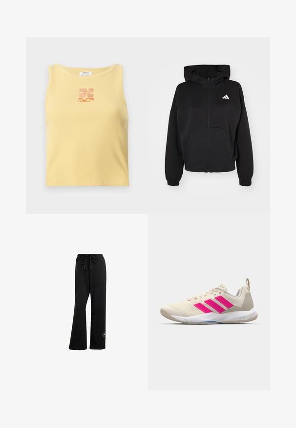 Felpa nera con zip realizzata in tessuto morbido, con una grande tasca frontale, polsini elasticizzati e un logo bianco sul lato sinistro del petto.; Canotta gialla a costine con un piccolo logo floreale ricamato in arancione al centro. Design semplice senza maniche con scollatura rotonda.; Pantaloni da tuta neri a gamba larga realizzati in tessuto morbido, con vita regolabile tramite coulisse e un piccolo dettaglio del logo vicino all'orlo.; Scarpa sportiva beige con logo a tre strisce rosa, tomaia in rete testurizzata, collo imbottito e suola in gomma bianca, con il marchio "LIGHTSTRIKE".