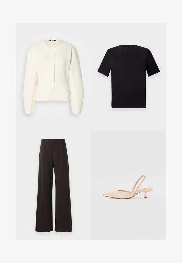 Bílý pletený svetr s kulatým límcem, dlouhými rukávy, zapínáním na knoflíky v přední části a mírně volným střihem. Měkká textura, minimalistický design.; Černé tričko s krátkým rukávem a kulatým výstřihem, vyrobené z měkké bavlněné látky. Jednoduchý design, žádné viditelné logo nebo vzory.; Černé kalhoty s širokými nohavicemi vyrobené z hladkého, elastického materiálu. Mají vysoký pas a čistý, minimalistický design bez viditelných zapínání.; Béžové lakované kožené lodičky se špičatou špičkou a štíhlým čtvercovým podpatkem. Hladký povrch a minimalistický design bez ozdob.