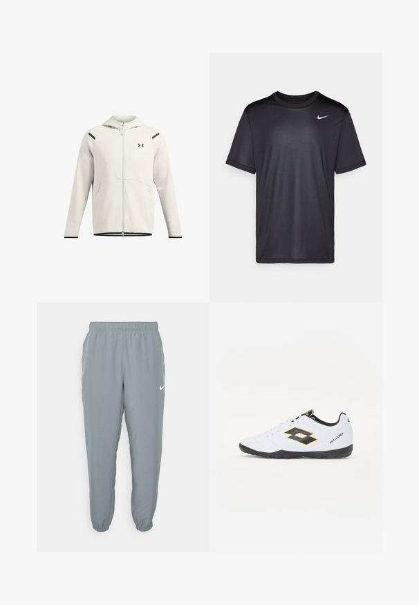 Helehall zipiga kapuutsiga dressipusa mustade õlaaccentidega, kahe küljetasku ja rinnal oleva logoga. Silmapaistev kangas koos soonikuga mansettidega.; Must musta T-särk lühikeste varrukatega, ümmarguse kaelusega, valmistatud siledast kangast. Esipoolt kaunistab väike valge Nike logo vasakul ülaservas.; Heledad hallhalli joggers elastse paelaga, küljetaskute ja kitsenevate varrukatega. Omab väikest valget Nike logo. Sile tekstuur.; Valged spordijalatsid mustade ja kollaste aktsentidega, millel on tekstuuriga pealisosa, ümmargune nina ja must kummist tallad. Disain sisaldab logo detaile külgedel.