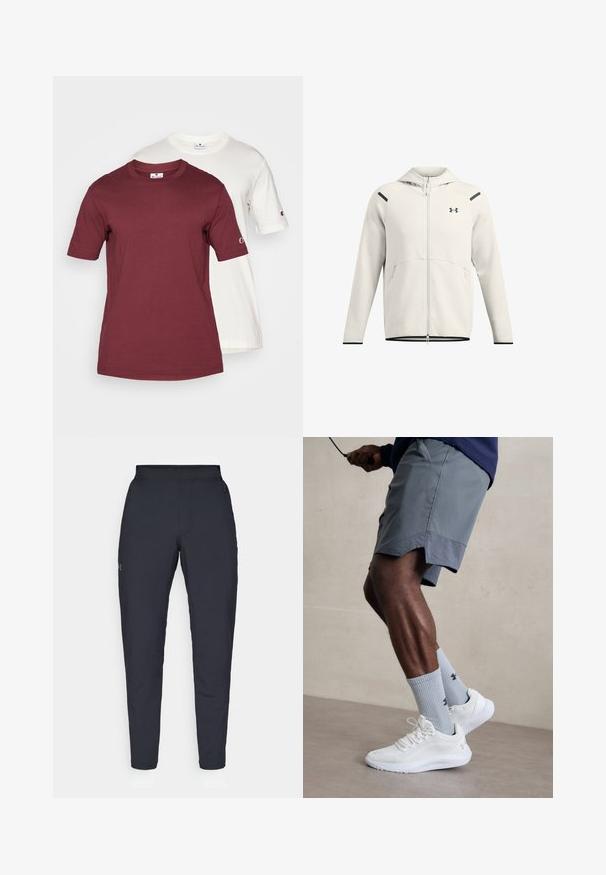 Light gray zip-up hoodie made of soft fabric, featuring a hood, side pockets, and black accents on the shoulders and hem.; Two short-sleeve T-shirts stacked; one maroon and one white. Both are made of cotton, featuring a round neck and logo on the sleeve.; Black athletic pants with a smooth texture, slim fit, elastic waistband, and side pockets. Features a small logo on the left thigh.; White athletic shoes with textured mesh upper, paired with light blue ribbed socks featuring a logo. Grey athletic shorts with perforated trim.