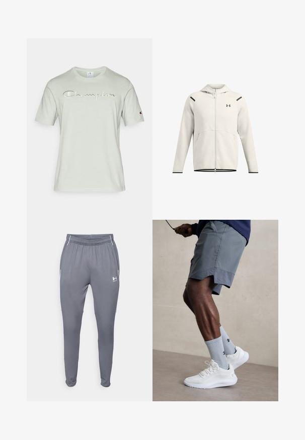 Lys grå zip-up hoodie lavet af blødt stof, med hætte, sidelommer og sorte detaljer på skuldrene og sømmen.; Mintgrøn T-shirt i blød bomuld med et broderet "Champion"-logo i en lidt mørkere nuance, korte ærmer og rund halsudskæring.; Grå træningsbukser med elastisk talje, sidelommer og hvide detaljer. Fremstillet af et glat, let materiale.; Hvide sportsko med tekstureret mesh-overdel, parret med lyseblå ribbede sokker med et logo. Grå sports shorts med perforeret kant.