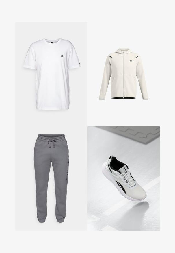 Helehallist, pehmest kangast, tõmblukuga kapuutsiga sviiter, mis sisaldab küljetaskuid ning musti aktsente õlgadel ja hemil.; Champion CREWNECK - Lihtne T-särk - white; Champion ICONS TONAL CUFF LARGE LOGO - Dresside alumine osa - foggy; Heledat hall värv sörk, mustade aktsentidega, tekstuurse võrgu pealmise osaga, pehmendatud tallaga ja nööridega kinnitusega. Omab kandmisse tõmbeauku.