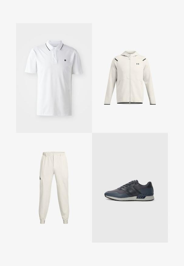 Svetlo siva zip-up kapuca iz mehkega materiala, z dvojno kapuco, stranskimi žepi in črnimi poudarki na ramalih in robovih.; Bela polo majica s kratkimi rokavi, z dvema gumboma na zapenjanju in črnimi robovi na ovratniku. Ima majhen črn logotip na prsih.; Lahki bež jogger hlače z elastičnim pasom, stranskimi žepi in rebrastimi manšetami; imajo črn logotip na levi boki.; Moški atletski čevlji v temno modri barvi z mrežastim in sintetičnim zgornjim delom. Imajo vezalni dizajn, oblazinjen ovratnik in gumeni podplat z teksturiranim oprijemom.