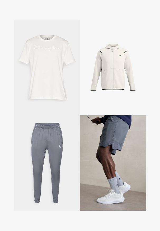 Svetlo siva zip-up kapuca iz mehkega materiala, z dvojno kapuco, stranskimi žepi in črnimi poudarki na ramalih in robovih.; Bela bombažna majica s kratkimi rokavi, okrašena z reliefnim logotipom "Champion" čez prsa, zaobljenim izrezom in ravnim robom.; Sive športne hlače z elastičnim pasom, stranskimi žepi in belimi poudarki. Narejene iz gladkega, lahkega materiala.; Bela športna obutev z zgornjim delom iz teksturirane mreže, kombinirana z svetlo modrimi rebrastimi nogavicami z logotipom. Sivi športni šortsi s perforiranim robom.