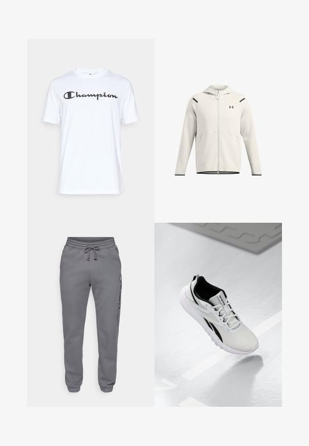 Svetlo siva zip-up kapuca iz mehkega materiala, z dvojno kapuco, stranskimi žepi in črnimi poudarki na ramalih in robovih.; Bela bomba iz bombažnega materiala s kratkimi rokavi, ki se ponaša s črnim kurivim logotipom "Champion" čez prsa. Okrugli izrez in sproščen fit.; Champion ICONS TONAL CUFF LARGE LOGO - Spodnji deli trenirk - foggy; Svetlo sivi atletski čevljek z črnimi poudarki, teksturirano mrežasto zgornje posodje, oblazinjen podplat in vezalni sistem. Ima zanko za poteg na peti.