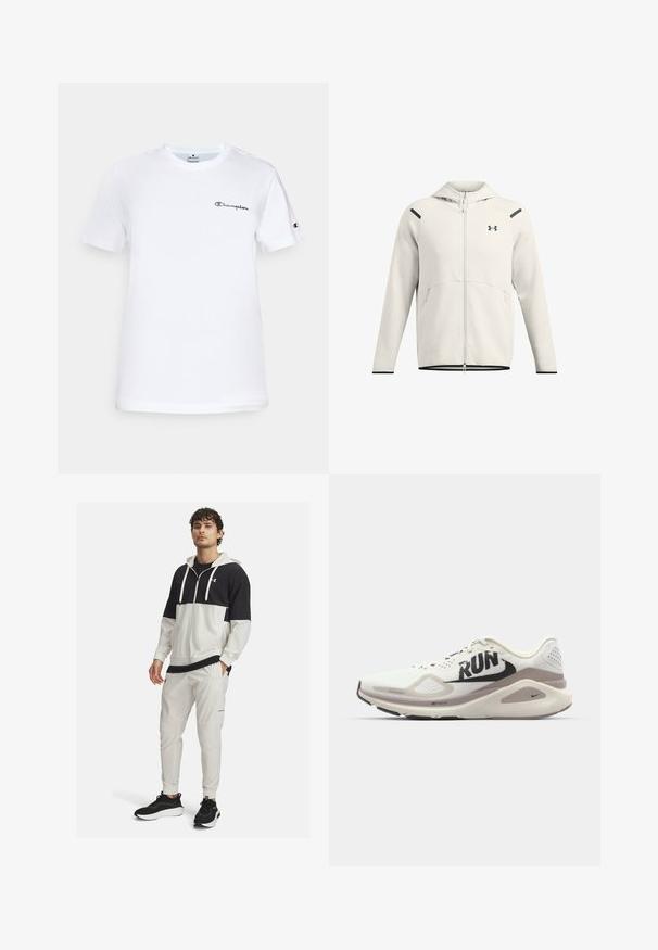 Šviesiai pilkas zip-up džemperis, pagamintas iš minkštos medžiagos, turintis gobtuvą, šonines kišenes ir juodus akcentus ant pečių bei apvado.; Balta medvilninė marškinė su apvaliu kaklu, trumpomis rankovėmis ir juodu siuvinėtu "Champion" logotipu ant krūtinės bei rankovės akcentu.; Juodas ir baltas sportinis kūno jakas su užtrauktuku; derinamas su baltais bėgimo kelnėmis su kišenėmis ir elastiniais rankogaliais; juodi sportiniai batai.; Nike Performance STRUCTURE 26 RUN - Bėgimo batai plentui - summit white/black/vast grey/college grey/sail/sequoia
