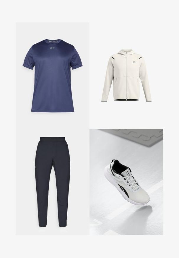 Light gray zip-up hoodie made of soft fabric, featuring a hood, side pockets, and black accents on the shoulders and hem.; Navy blue short-sleeve athletic t-shirt made of smooth, stretchy fabric. Features a round neckline and subtle logo on the chest.; Black athletic pants with a smooth texture, slim fit, elastic waistband, and side pockets. Features a small logo on the left thigh.; Light gray athletic shoe with black accents, textured mesh upper, cushioned sole, and lace-up closure. Features a heel pull tab.