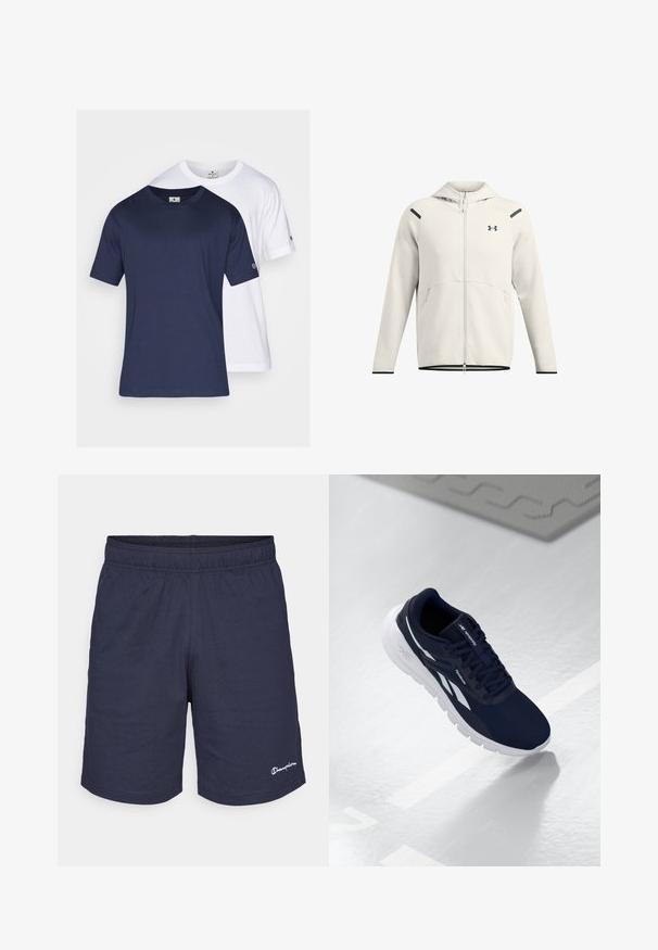 Ljusgrå zip-up hoodie av mjukt tyg, med huva, sidofickor och svartaアクセ; Två kortärmade T-shirts: en marinblå och en vit, tillverkade av bomull, med rund hals och en liten logotyp på ärmen.; Navyblå sportshorts gjorda av mjukt tyg, med resårmidja och en liten vit Champion-logga på den nedre vänstra sidan.; Marinblå sportskor med en texturerad ovandel, vita detaljer och en vadderad sula. Har en snörning och en logotyp på tungan.