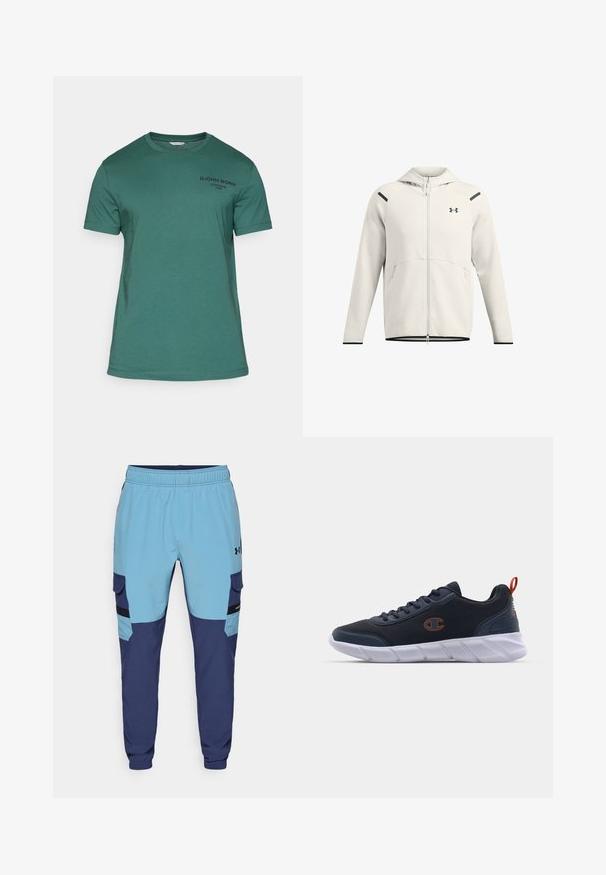 Jasnoszara bluza z kapturem na zamek, uszyta z miękkiego materiału, z kapturem, bocznymi kieszeniami oraz czarnymi akcentami na ramionach i u dołu.; Björn Borg - T-shirt basic; Niebieskie i granatowe spodnie dresowe z elastycznym pasem, bocznymi kieszeniami i akcentami w stylu cargo. Wykonane z miękkiego, oddychającego materiału.; Champion JOLT granatowy