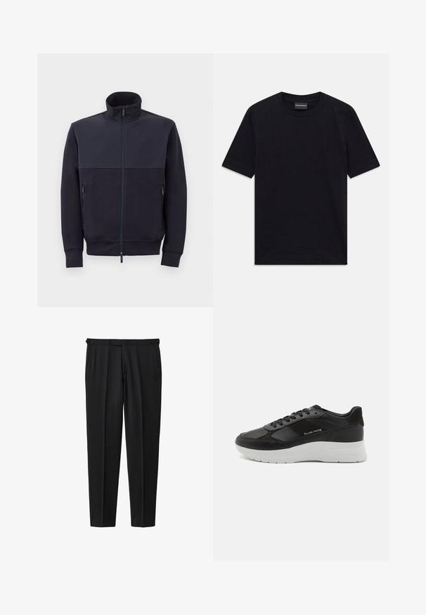 Granatowa kurtka na zamek z wysokim kołnierzem, wykonana z miękkiego materiału, z solidną górną częścią i dwoma bocznymi kieszeniami na zamek.; Czarna krótko rękawowa koszulka z okrągłym dekoltem, z delikatnym wytłoczonym wzorem i metką marki wewnątrz kołnierza, ułożona na płasko na białym tle.; Czarne spodnie wykonane z gładkiego materiału, z prostym krojem nogawki, dwoma guzikami w talii i dwiema bocznymi kieszeniami.; Czarne skórzane sneakersy z zamszowymi akcentami, okrągły czubek, biała gumowa podeszwa oraz przeszycia. Logo nadrukowane z boku. Klasyczny fason na sznurówki.