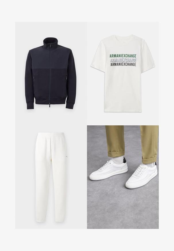 Námořnická zipová bunda s vysokým límcem, vyrobená z měkkého materiálu, s jednobarevným horním panelem a dvěma bočními zipovými kapsami.; Bílé bavlněné tričko s opakujícím se textem "ARMANIEXCHANGE" v zelené, modré a černé barvě. Krátké rukávy a klasický kulatý výstřih.; Bílé tepláky vyrobené z měkké látky, s elastickým pasem, zúženými nohavicemi a malým logem na levé straně.; Bílé tenisky s texturovaným koženým povrchem, zaoblenou špičkou a černým akcentem na patě. Gumová podrážka s malým vzorem a šitými detaily.