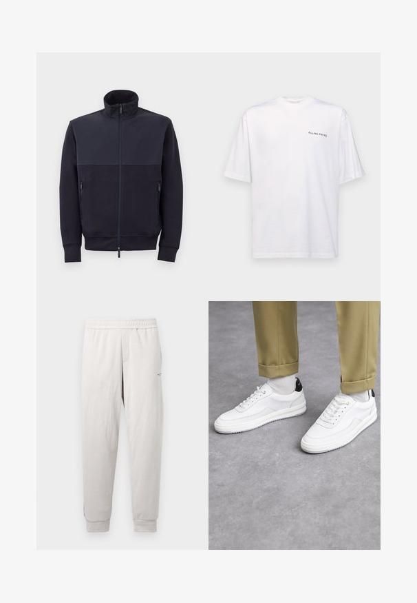 Granatowa kurtka na zamek z wysokim kołnierzem, wykonana z miękkiego materiału, z solidną górną częścią i dwoma bocznymi kieszeniami na zamek.; Biała, krótka koszulka z bawełny z dekoltem w serek, z czarnym logo "FILLING PIECES" nadrukowanym po lewej stronie.; Jasnoszare dresy z elastycznym pasem, bocznymi kieszeniami, prążkowanymi mankietami i subtelnym logo na nogawce, wykonane z miękkiego materiału.; Białe sneakersy z fakturowaną skórzaną wykończeniem, okrągłym noskiem i czarnym akcentem na pięcie. Gumowa podeszwa z małym wzorem bieżnika i przeszyciem.