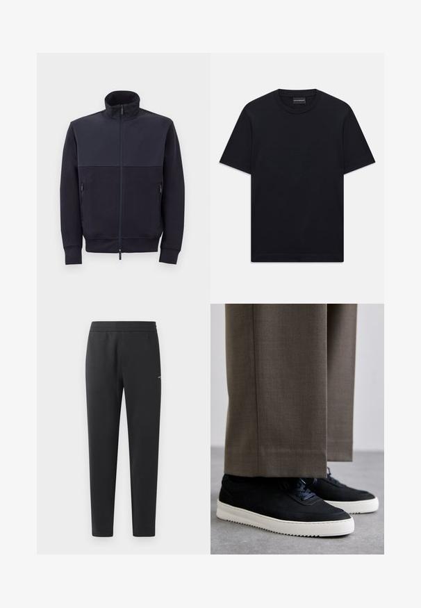 Veste zippée marine avec col haut, fabriquée en matériau doux, dotée d'un panneau supérieur uni et de deux poches zippées latérales.; T-shirt noir à manches courtes et col ras du cou avec un design de logo en relief subtil centré sur la poitrine et une étiquette de marque à l'intérieur du col.; Pantalons de jogging noirs en tissu doux, dotés d'une taille élastique, de jambes droites et d'un petit logo sur le côté.; Baskets en daim noir avec des semelles en caoutchouc blanc, dotées d'un bout arrondi et de lacets, portées avec un pantalon gris sur mesure.