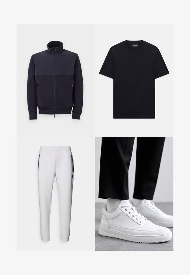 Marineblå zip-op jakke med høj krave, lavet af blødt materiale, med et ensfarvet øverste panel og to sidelommer med lynlås.; Svart kortermet T-skjorte med rund hals og subtil preget logo-design sentrert på brystet, samt et merke inne i halsen.; Hvite joggebukser med elastisk linning, to sidelommer, svarte glidelåsdetaljer og ribbestrikkede mansjetter ved ankler. Glatt tekstur.; Hvite skinn-sneakers med flat gummi såle, med en glatt finish, rund tå og metalløye for snøring. Båret med svarte bukser.