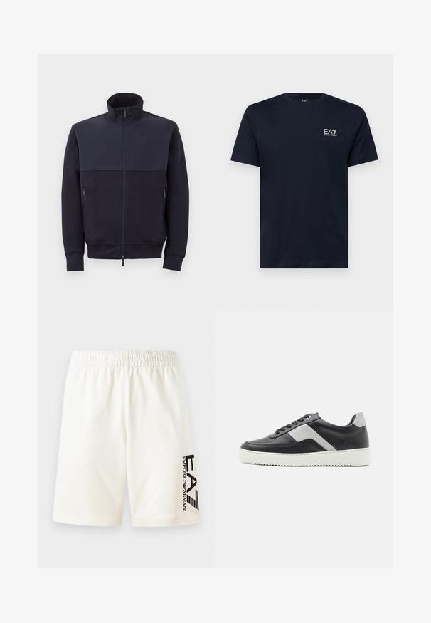 Tamsiai mėlynas užtrauktuku užsegamas džemperis su aukštu apykakle, pagamintas iš minkštos medžiagos, turintis vientisą viršutinį skyrių ir du šoninius užtrauktukų kišenes.; Tamsiai mėlynas medvilninis marškinėliai su trumpomis rankovėmis, apykakle ir mažu baltu siuvinėtu logotipu kairėje krūtinės pusėje. Lygi tekstūra.; Balti medvilnės šortai su elastine juosta, kairėje pusėje puikuojasi juodas logotipas. Tiesus kirpimas, be matomų raštų.; Juodos odinės sportinės bateliai su pilkais akcentais, balta guma padais, apvaliu pirštu ir šešiais juodais raištelių skylutėmis. Tekstūruotas šoninis skydelis.