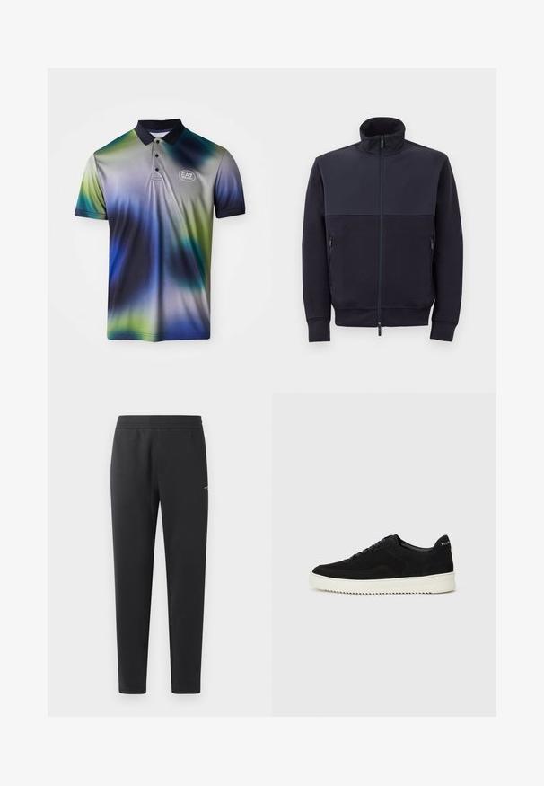 Námornícka zipsová bunda s vysokým golierom, vyrobená z mäkkého materiálu, s pevným horným panelom a dvoma postrannými zipsovými vreckami.; Polo tričko v prechodných odtieňoch modrej, zelenej a šedej farby s kontrastným tmavým golierom, trojbuttonovou légou a logom EA7 na hrudi.; Čierne joggingové nohavice z mäkkej tkaniny, s elastickým pásom, rovnými nohavicami a malým logom na boku.; Čierne semišové tenisky s šnurovacím dizajnom a kontrastnou bielou gumovou podrážkou. Obsahujú štruktúrované bočné panely a jemné logo na päte.