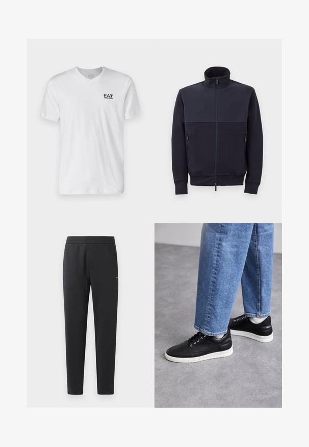 Marinblå zip-up jacka med hög krage, tillverkad av mjukt material, med en enfärgad överdel och två sidofickor med dragkedja.; Vit bomull T-shirt med V-hals, korta ärmar, med en svart EA7-logga på vänster bröst. Slät textur, enkel design.; Svarta joggingbyxor i mjukt tyg, med elastisk midja, raka ben och en liten logotypdetalj på sidan.; Svarta lädersneakers med vita gummisålar, rund snörning, slät yta och subtil branding på hälkappan. Bärs tillsammans med blå jeans.