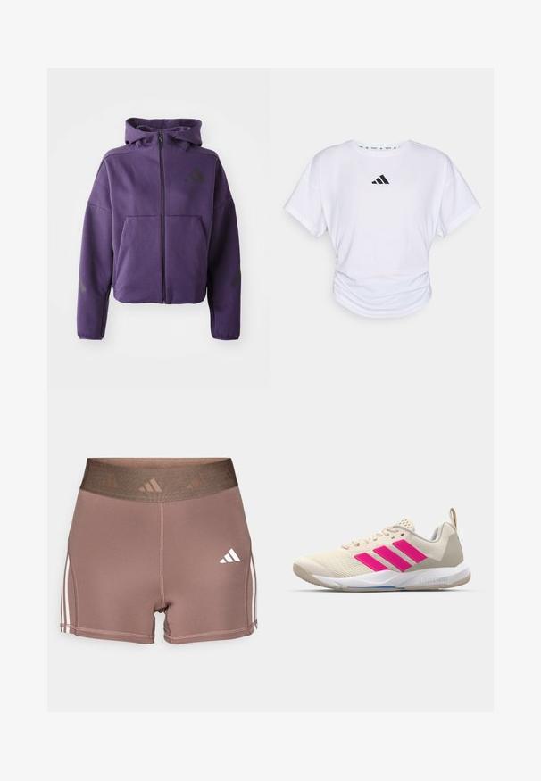 Sudadera con cremallera morada y cuello alto, con bolsillos delanteros y acentos diagonales negros en las mangas y los lados. Tejido suave y texturizado.; Camiseta blanca de manga corta con escote redondo, que presenta un logo negro de Adidas en la parte superior del pecho y una textura fruncida en la cintura.; Pantalones cortos deportivos marrones con una cinturilla ancha y texturizada. Presentan acentos de tres rayas blancas a lo largo de los lados y un pequeño logotipo blanco.; Zapatilla deportiva beige con logo de tres rayas rosa, parte superior de malla texturizada, cuello acolchado y suela de goma blanca, con la marca "LIGHTSTRIKE".