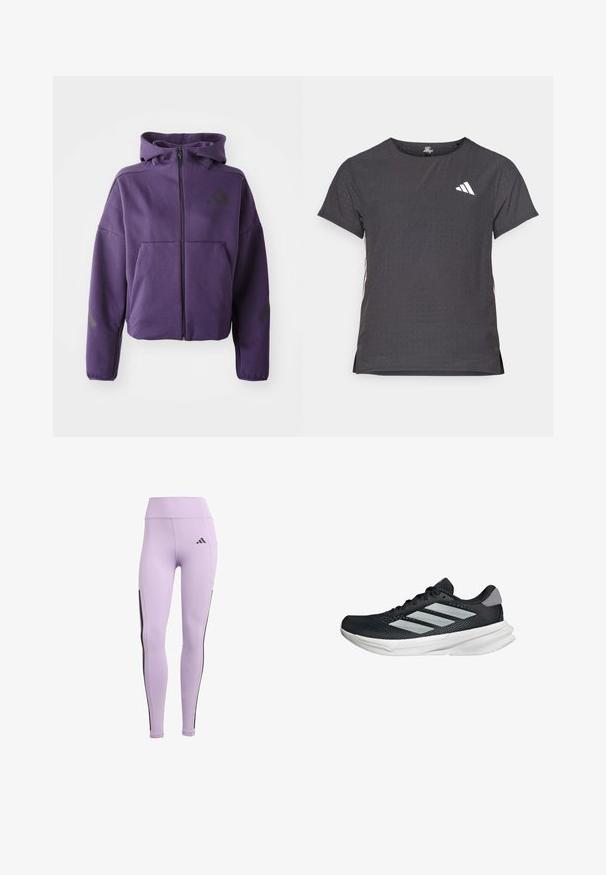 Felpa con zip viola e colletto alto, dotata di tasche frontali e accenti diagonali neri sulle maniche e sui lati. Tessuto morbido e texture.; T-shirt atletico a maniche corte, grigio scuro con texture perforata. Presenta un logo bianco e strisce laterali a contrasto. Girocollo.; Leggings sportivi viola con vita alta, tessuto elasticizzato, strisce laterali nere e il logo Adidas sul davanti.; Scarpa da corsa nera con tomaia in mesh, tre strisce argentate, intersuola bianca e suola testurizzata. Presenta un colletto imbottito e chiusura con lacci.