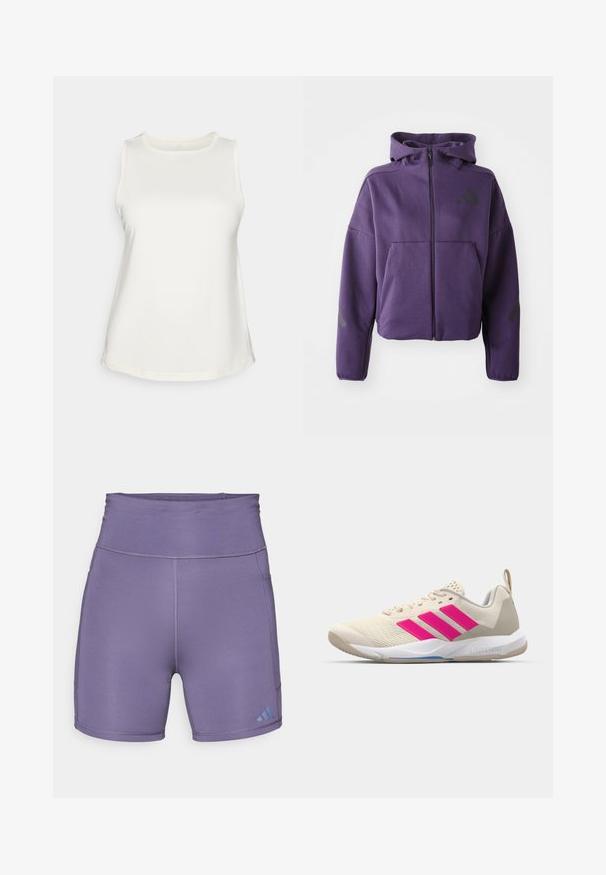 Fialová zipsová mikina s vysokým golierom, obsahujúca predné vrecká a čierne diagonálne akcenty na rukávoch a bokoch. Mäkko štruktúrovaná látka.; Bezrukávový biely top z hladkej látky s okrúhlym výstrihom a zakriveným lemom. Jednoduchý dizajn bez vzorov alebo ozdôb.; Fialové športové šortky s vysokým pásom, hladkou textúrou a kontrastným modrým logom v dolnom ľavom rohu. Majú ploché švy.; Béžová atletická obuv s ružovým logom trojpruhov, textúrovaný sieťový zvršok, polstrovaný golier a biela gumová podrážka s označením "LIGHTSTRIKE".