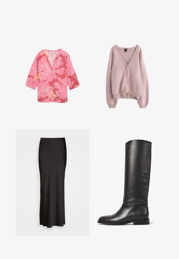 Šviesiai rožinė megzta kardiganas su V formos iškirpte, keturi mygtukai priekyje ir banguotu kraštu bei rankogaliais. Minkšta tekstūra, laisvo silueto.; Rožinė bluzelė su abstrakčiu raštu tamsesnėmis rožinėmis ir persikinėmis atspalviais, V formos kaklo iškirpte, mygtukų užsegimu priekyje ir tris ketvirčius ilgio rankovėmis.; Juodas, grindų ilgio satino sijonas su lygiu paviršiumi, prigludusia juosmens juosta ir A formos siluetu, neturintis matomų dekoracijų ar raštų.; Kelio ilgumo juodos odos batai su tekstūruota danga, apvalia nosimi, lygiu auliuku ir žemu stambiu kulnu. Minimalistinis dizainas, jokių matomų detalių.