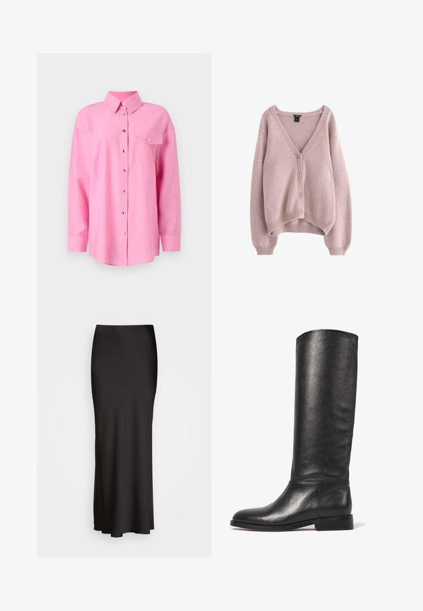 Világos rózsaszín kötött kardigán V-nyakkal, négy gombbal az elején, bordás hem és mandzsetta. Puha textúra és laza fazon.; Rózsaszín vászon ing, gallérral, hosszú ujjal, elöl gombos záródással és egyetlen mellzsebbel. Fém gombokkal és ívelt aljjal rendelkezik.; Fekete, padlóig érő selymes hatású szoknya, sima textúrával, testhez simuló derékkal és A-vonalú sziluettel, látható díszítések vagy minták nélkül.; Térd feletti fekete bőr csizma textúrázott felülettel, lekerekített orral, sima szárával és alacsony, rétegelt sarkával. Minimális dizájn, látható fémalkatrészek nélkül.