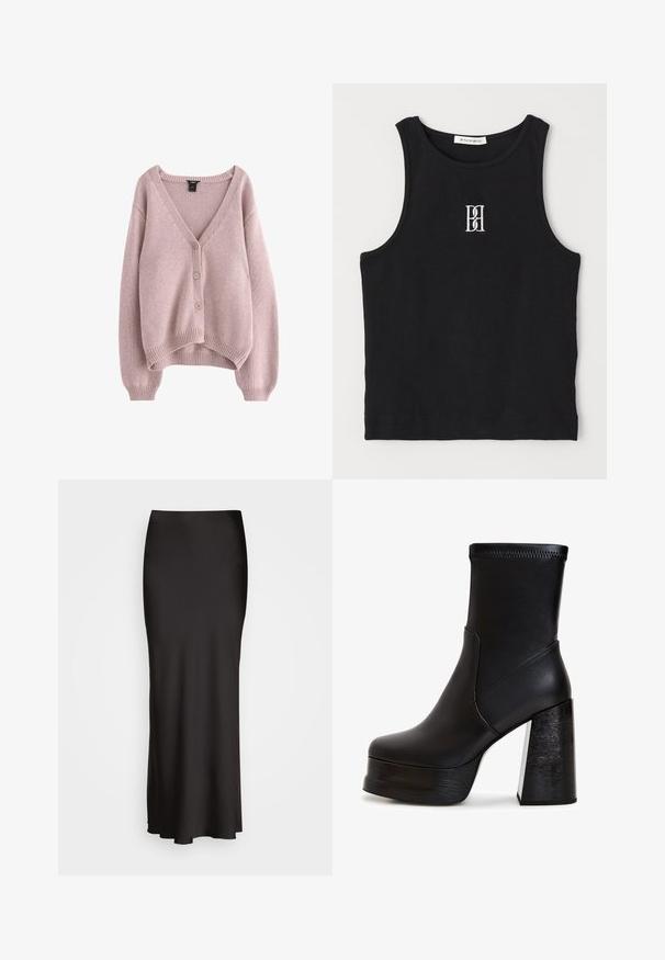 Lyserød strikket cardigan med V-hals, fire knapper foran og ribbet bund og ærmer. Blød tekstur med en afslappet pasform.; Sort ribbet tanktop med rund hals og hvidt broderet logo. Stoffet har en glat tekstur med en tætsiddende form.; Sort, maxiskørt i satin med en glat tekstur, tætsiddende talje og A-formet silhuet, uden synlige udsmykninger eller mønstre.; Sort ankelstøvle lavet af glat læder. Har en høj blokhæle med en trælignende tekstur og en solid platform. Søm-detaljering på overdelen.