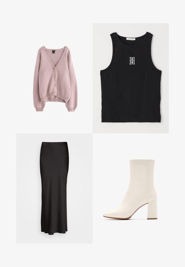 Cardigan lavorato a maglia rosa chiaro con scollo a V, quattro bottoni davanti e orlo e polsini a costine. Texture morbida con vestibilità comoda.; Canotta nera a costine con scollatura rotonda e logo ricamato in bianco. Il tessuto ha una texture liscia con una forma aderente.; Gonna in satin nera, lunga fino al pavimento, con una texture liscia, vita aderente e silhouette a forma di A, priva di decorazioni visibili o fantasie.; Stivale bianco alla caviglia con punta affusolata, finitura in pelle liscia e tacco largo. Design minimalista con una silhouette elegante.