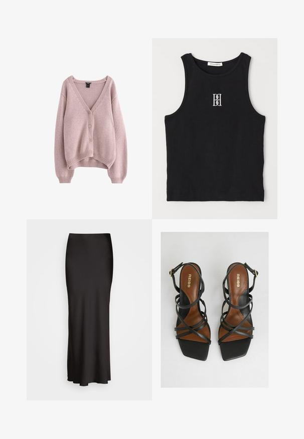 Cardigan tricotat roz deschis cu decolteu în V, patru nasturi pe față și margini și manșete ribbate. Textură moale cu o croială lejeră.; Top de tip tank black cu farfurie rotundă, având un logo brodat alb. Materialul are o textură netedă și o formă ajustată.; Fustă lungă, din satin negru, cu o textură netedă, talie ajustată și siluetă în A, fără broderii sau modele vizibile.; Sandale negre cu toc înalt, cu multiple curele înguste, vârf pătrat, tălpici maro și un detaliu de cataramă aurie pe curea la gleznă.