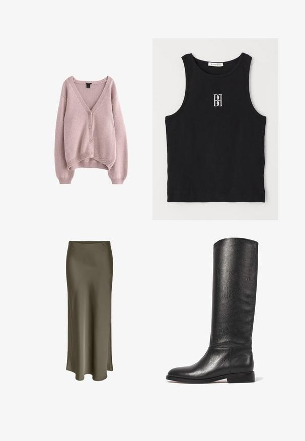 Világos rózsaszín kötött kardigán V-nyakkal, négy gombbal az elején, bordás hem és mandzsetta. Puha textúra és laza fazon.; Fekete bordás trikó kerek nyakkivágással és fehér hímzett logóval. Az anyag sima tapintású, testhezálló formával.; Hosszú olajzöld szoknya sima, fényes anyagból, oldalsó hasítékkal és puha, áramló dizájnnal, amely elegánsan omlik.; Térd feletti fekete bőr csizma textúrázott felülettel, lekerekített orral, sima szárával és alacsony, rétegelt sarkával. Minimális dizájn, látható fémalkatrészek nélkül.