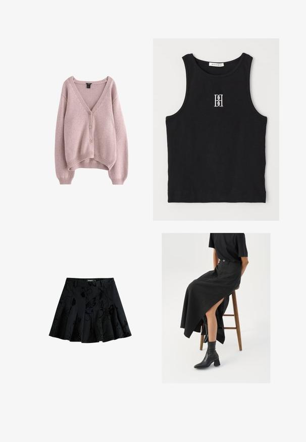 Šviesiai rožinė megzta kardiganas su V formos iškirpte, keturi mygtukai priekyje ir banguotu kraštu bei rankogaliais. Minkšta tekstūra, laisvo silueto.; Juodas raštuotas lieknas marškinėliai su apvalia iškirpte ir balta siuvinėta logotipu. Medžiaga yra glotni su pritaikytu siluetu.; Juoda klostuota sijonas su gėlėmis, pagamintas iš tekstūruoto audinio. Turi juosmenį ir paslėptą užtrauktuką.; Juoda lininė maksi sijonas su aukštu plyšiu, vilkimas su juodu marškinėliu ir juodais aulinukais. Minimalistinis dizainas su laisvu siluetu.