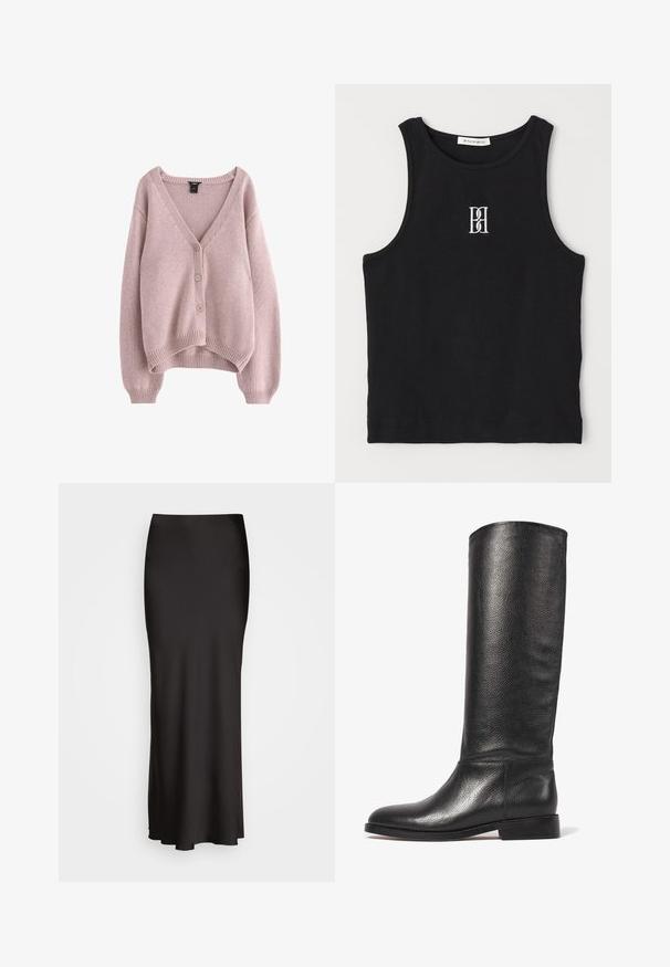 Gilet en tricot rose pâle avec un col en V, quatre boutons sur le devant, et un ourlet et des poignets côtelés. Texture douce avec une coupe décontractée.; Débardeur côtelé noir avec un col rond et un logo brodé en blanc. Présente une silhouette ajustée et un ourlet droit et net.; Jupe en satin noire, longue jusqu'au sol, avec une texture lisse, une taille ajustée et une silhouette en A, sans ornements ni motifs visibles.; Botte en cuir noir à hauteur de genou avec une finition texturée, bout rond, tige lisse et un petit talon empilé. Design minimaliste, sans quincaillerie visible.