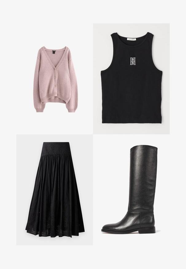 Cardigan lavorato a maglia rosa chiaro con scollo a V, quattro bottoni davanti e orlo e polsini a costine. Texture morbida con vestibilità comoda.; Canotta nera a costine con scollatura rotonda e logo ricamato in bianco. Il tessuto ha una texture liscia con una forma aderente.; Gonna maxi nera in cotone con vita ricamata. Presenta tessuto arricciato e dettagli di occhiello lungo l'orlo.; Stivale in pelle nera al ginocchio con finitura testurizzata, punta tonda, gambo liscio e tacco basso impilato. Design minimalista, senza accessori visibili.