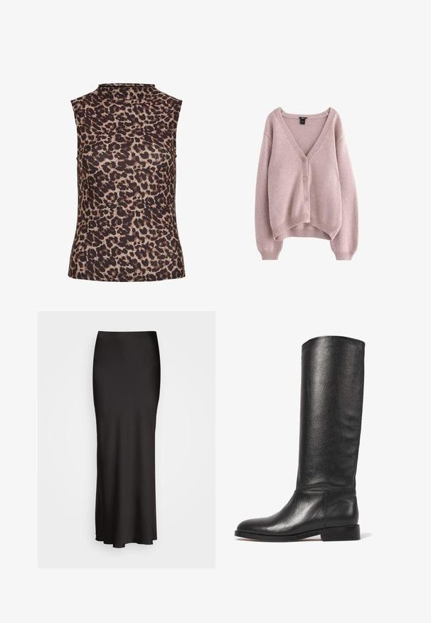 Šviesiai rožinė megzta kardiganas su V formos iškirpte, keturi mygtukai priekyje ir banguotu kraštu bei rankogaliais. Minkšta tekstūra, laisvo silueto.; Bežinė ir ruda spalvų schema, su aukštu kaklu, be rankovių liemenė. Pagaminta iš lygios, elastingos medžiagos su leopardų raštu.; Juodas, grindų ilgio satino sijonas su lygiu paviršiumi, prigludusia juosmens juosta ir A formos siluetu, neturintis matomų dekoracijų ar raštų.; Kelio ilgumo juodos odos batai su tekstūruota danga, apvalia nosimi, lygiu auliuku ir žemu stambiu kulnu. Minimalistinis dizainas, jokių matomų detalių.