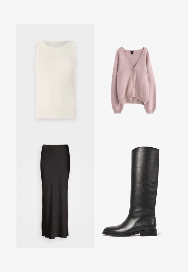 Svijetloružičasti pleteni kardigan s V-izrezom, četiri gumba sprijeda i rebrastim rubovima i manžetama. Mekana tekstura s opuštenim krojem.; Rebrasti, bezrukavni top u boji off-white. Ima okrugli izrez i suptilnu teksturu. Jednostavan dizajn bez vidljivih logotipa ili uzoraka.; Crna satenska suknja do poda s glatkom teksturom, strukom koja se dobro prilagođava, i A-linijom, bez vidljivih ukrasa ili uzoraka.; Čizme od crne kože do koljena s teksturiranom površinom, zaobljenim vrhom, glatkim okvirom i niskim složenim potplatom. Minimalistički dizajn, bez vidljive opreme.
