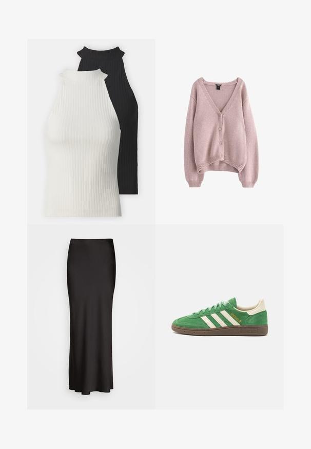 Jasnoróżowy sweter z dzianiny z dekoltem w kształcie V, z czterema guzikami z przodu oraz prążkowanymi mankietami i dolnym brzegiem. Miękka tekstura i luźny krój.; Prążkowane topy na halter w czerni i bieli. Charakteryzują się wysokimi dekoltami oraz dopasowanym krojem. Gładka tekstura z kontrastującymi kolorami i minimalnymi akcentami.; Czarna, sięgająca podłogi satynowa spódnica o gładkiej fakturze, dopasowana w talii i w kształcie litery A, bez widocznych zdobień lub wzorów.; Zielone zamszowe sneakersy z białym wzorem trzech pasków, kremowymi akcentami i brązową teksturowaną podeszwą. "SPEZIAL" wyhaftowane na złoto z boku.