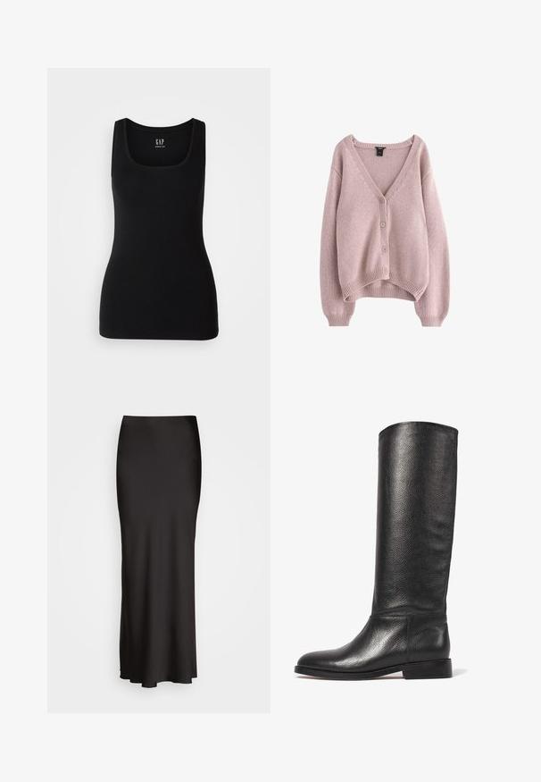 Svetloružový pletený cardigan s výstrihom do V, štyrmi gombíkmi na prednej strane a rebrovaným lemom a manžetami. Mäkkučká textura s voľným strihom.; GAP TANK - Top - black; Čierna saténová sukňa až po zem s hladkou textúrou, priliehavým pásom a siluetou do A, bez viditeľných ozdôb alebo vzorov.; Čierna kožená čižma po kolená s textúrovaným povrchom, okrúhlou špičkou, hladkým zvrškom a nízkym stohovaným podpätkom. Minimalistický dizajn, žiadne viditeľné kovanie.
