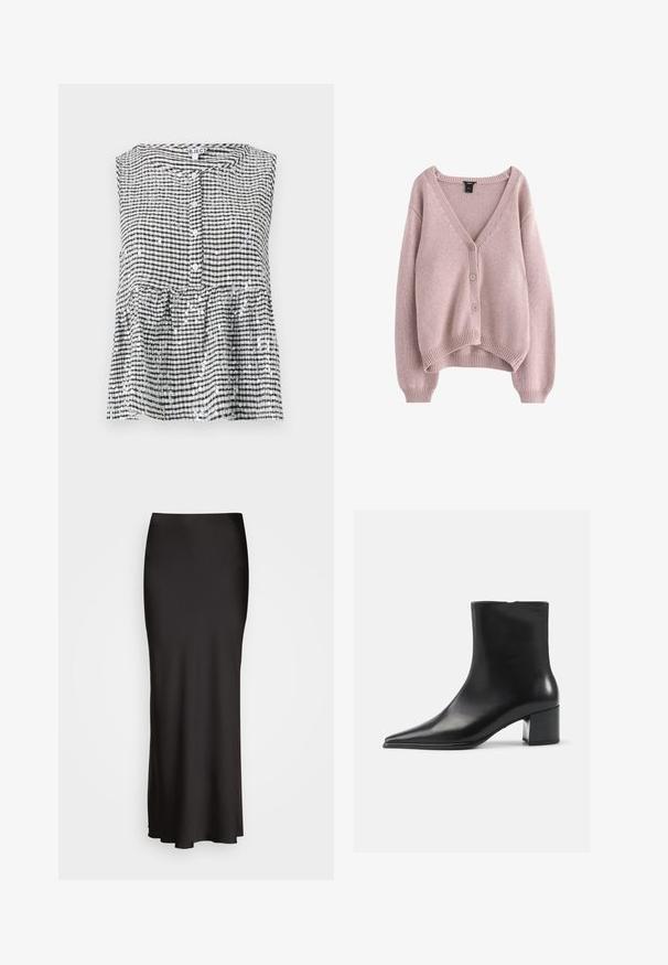 Hellrosa gestrickte Strickjacke mit V-Ausschnitt, vier Knöpfen auf der Vorderseite sowie geripptem Saum und Bündchen. Weiche Textur mit einem lockeren Schnitt.; Ärmelloses schwarz-weiß kariertes Oberteil mit Knopfleiste und Peplum-Saum, das aus einem strukturierten Stoff mit glänzenden Pailletten gefertigt ist.; Schwarzer, bodenlanger Satinrock mit glatter Textur, tailliertem Bund und A-Linien-Silhouette, ohne sichtbare Verzierungen oder Muster.; Schwarze Lederschnürstiefelette mit spitzer Zehenform, glatter Textur und mittelhohem Blockabsatz. Minimalistisches Design, Reißverschluss hinten.
